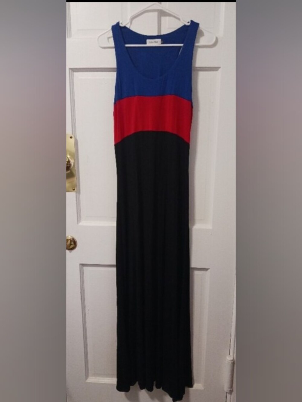 Calvin Klein Colorblock Maxi Dress Blue Red Black Sleeveless Size 8 , 60in Long!
